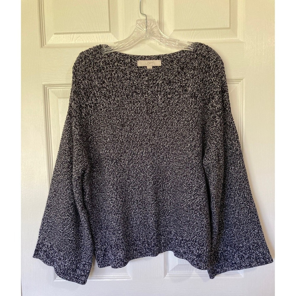 LOFT Sweater Navy Large Marled Knit Wide Sleeve Boat Neck Relaxed Preppy Hygge